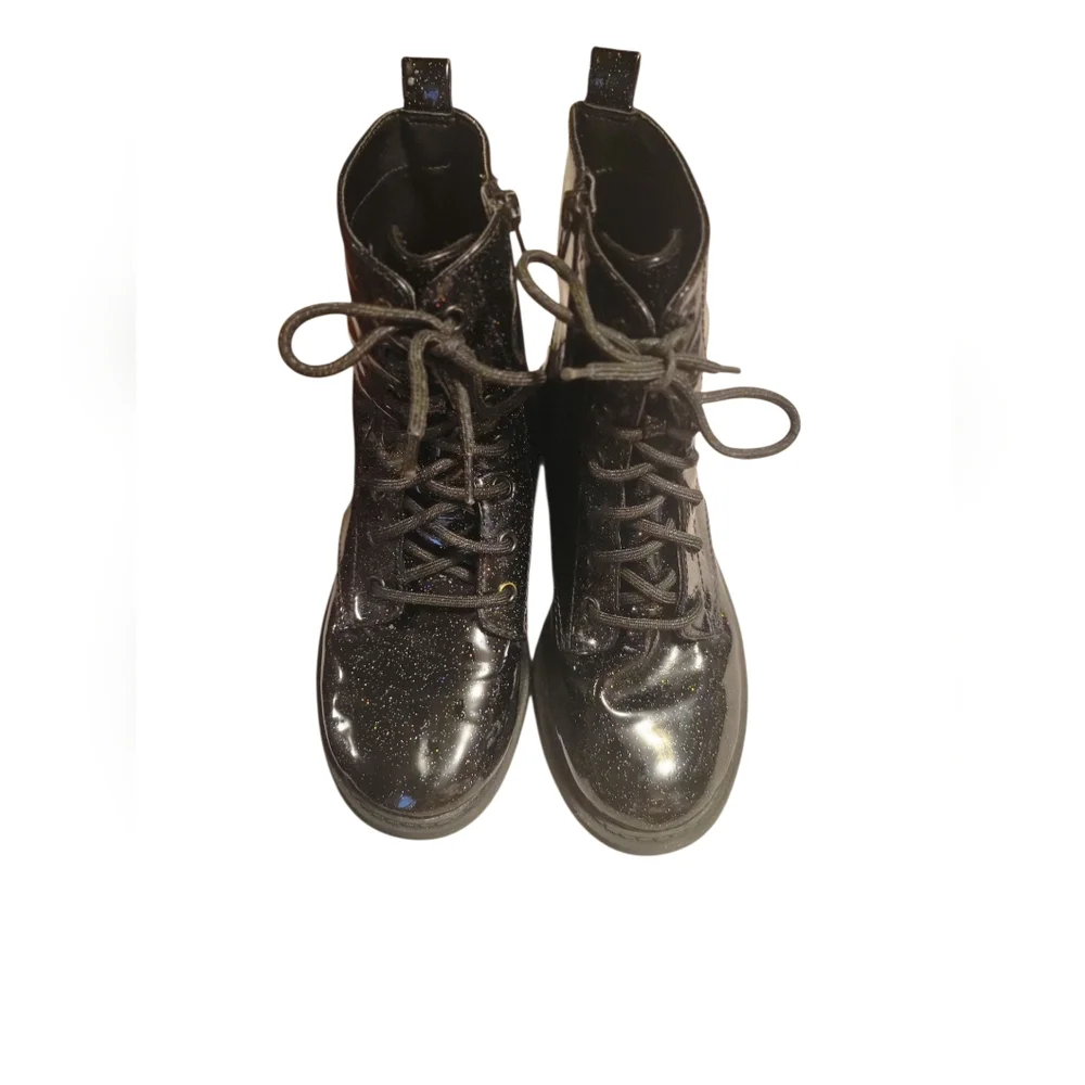 Little Girl's Black Faux Leather Zip-Up Casual Glitter Ankle Combat Boots, Sz 3